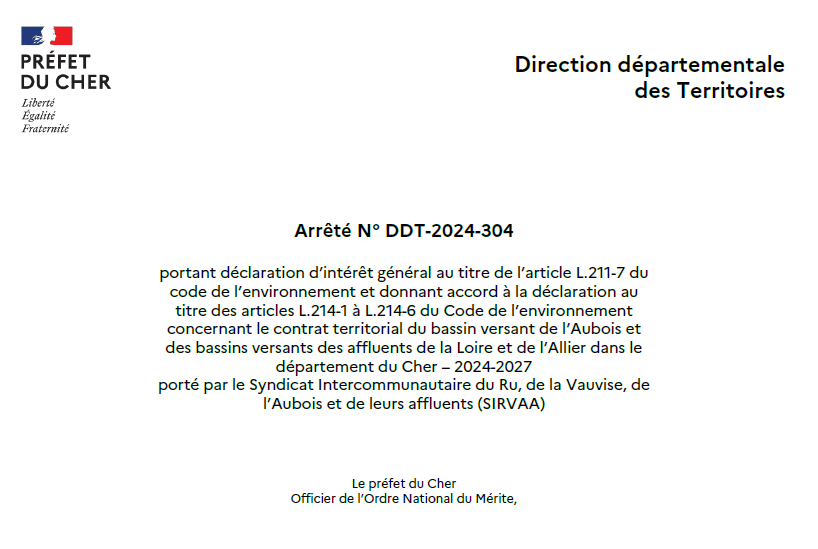 Arrêté DDT 2024-304 portant Déclaration d’Intérêt Général pour le programme d’actions de restauration des milieux aquatiques sur l’Aubois et les affluents de la Loire et de l’Allier